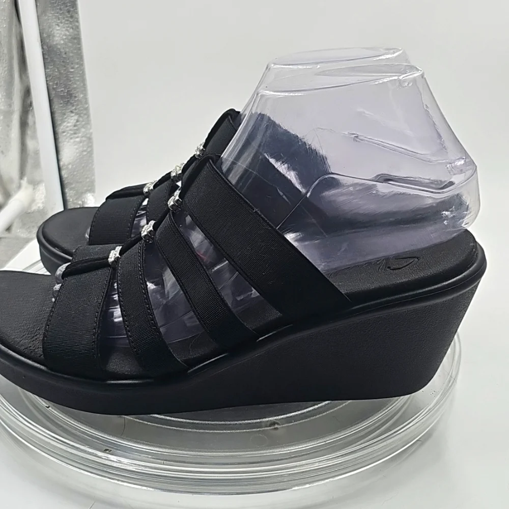 I Skechers Women's Black Luxe Foam Sandals Bling RHINESTONE Sz 9